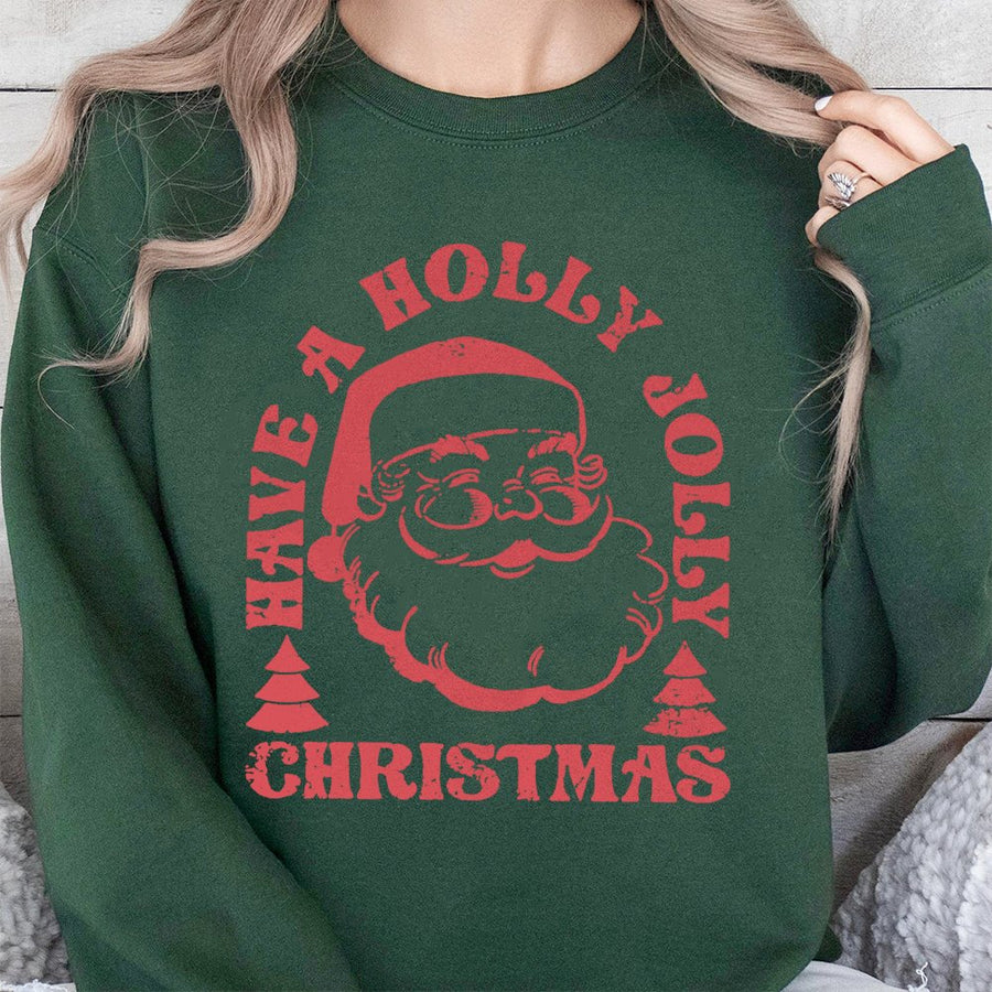 Retro Santa Christmas Sweatshirt | Have A Holly Jolly Holiday Graphic Print | Cozy Cotton Blend Unisex Crewneck | Cute Xmas Gift For Women And Men