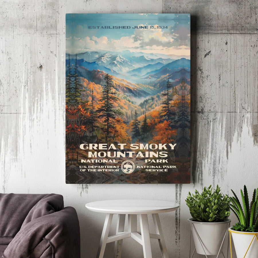 Great Smoky Mountains National Park Canvas Art | Vintage Landscape Travel Poster | 1.25-Inch Gallery Wrap | Premium Mountain Wall Decor Gift