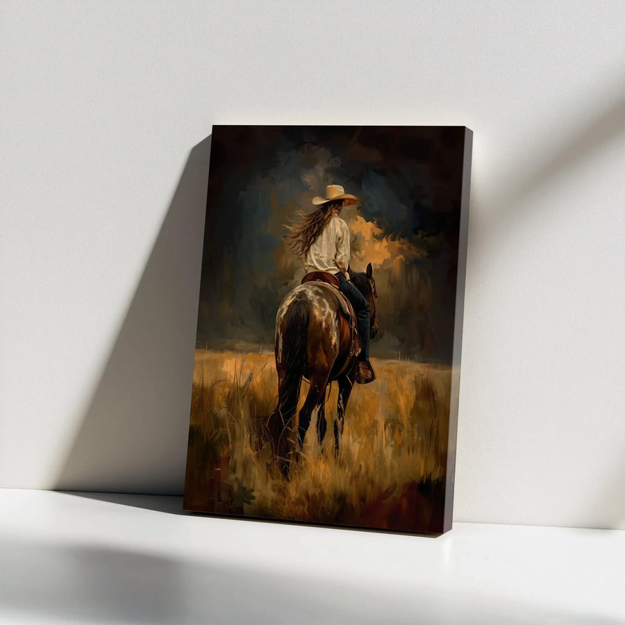Western Cowgirl Canvas Print | Rustic Horse Riding Painting | Premium Fade-Resistant Canvas | Western Decor Gift for Her