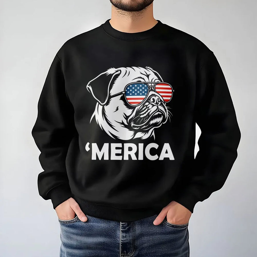 Funny 4th of July Pug Sweatshirt | 'Merica Dog with Sunglasses | Premium Soft Cotton Blend | Patriotic Gift for Pug Owner