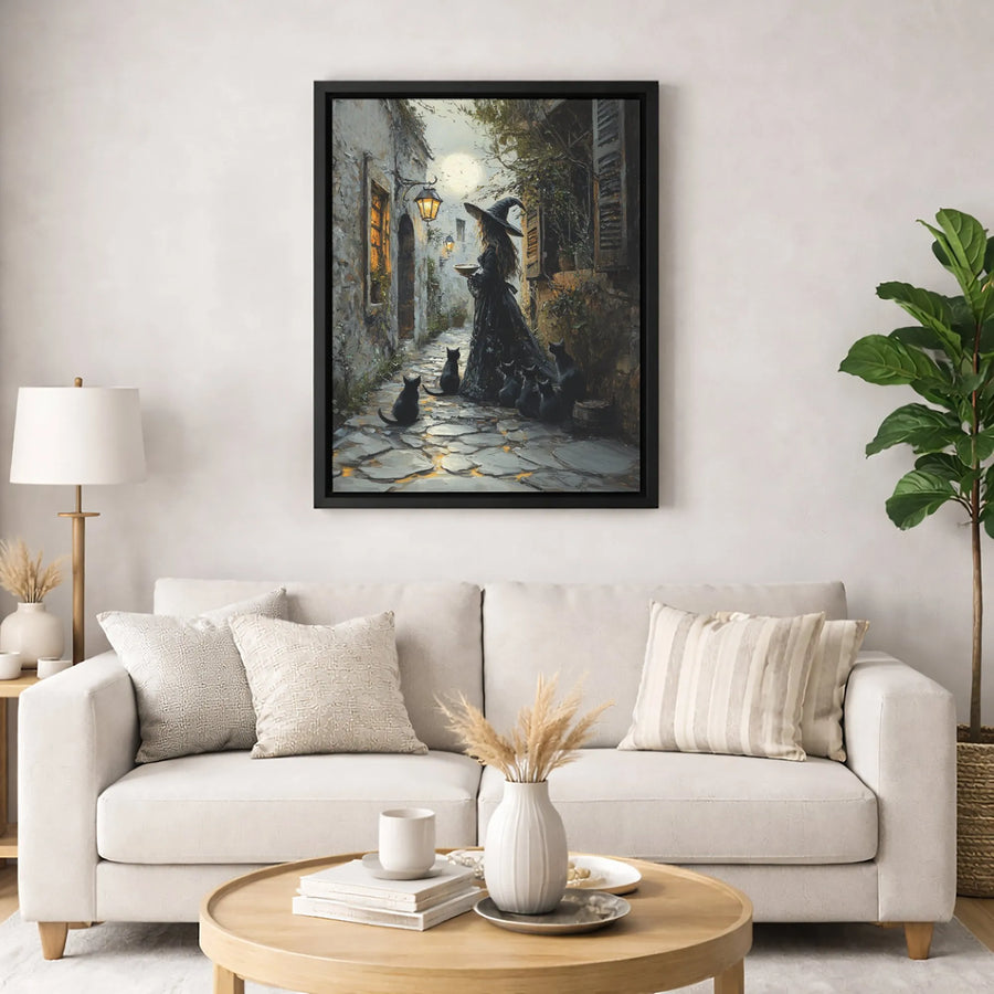Witch and Black Cats Wall Art | Moonlit Cobblestone Alley Design | 1.25 Inch Premium Canvas | Spooky Halloween Home Decor Gift