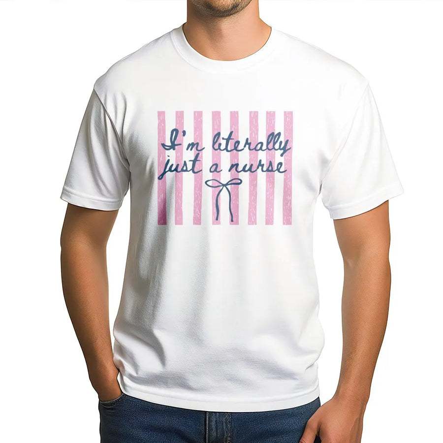 Coquette Nurse T-Shirt | Preppy Pink Stripe Graphic | Soft Cotton Blend Sweatshirt | Funny Nurse Appreciation Week Gift for ICU, ER, RN