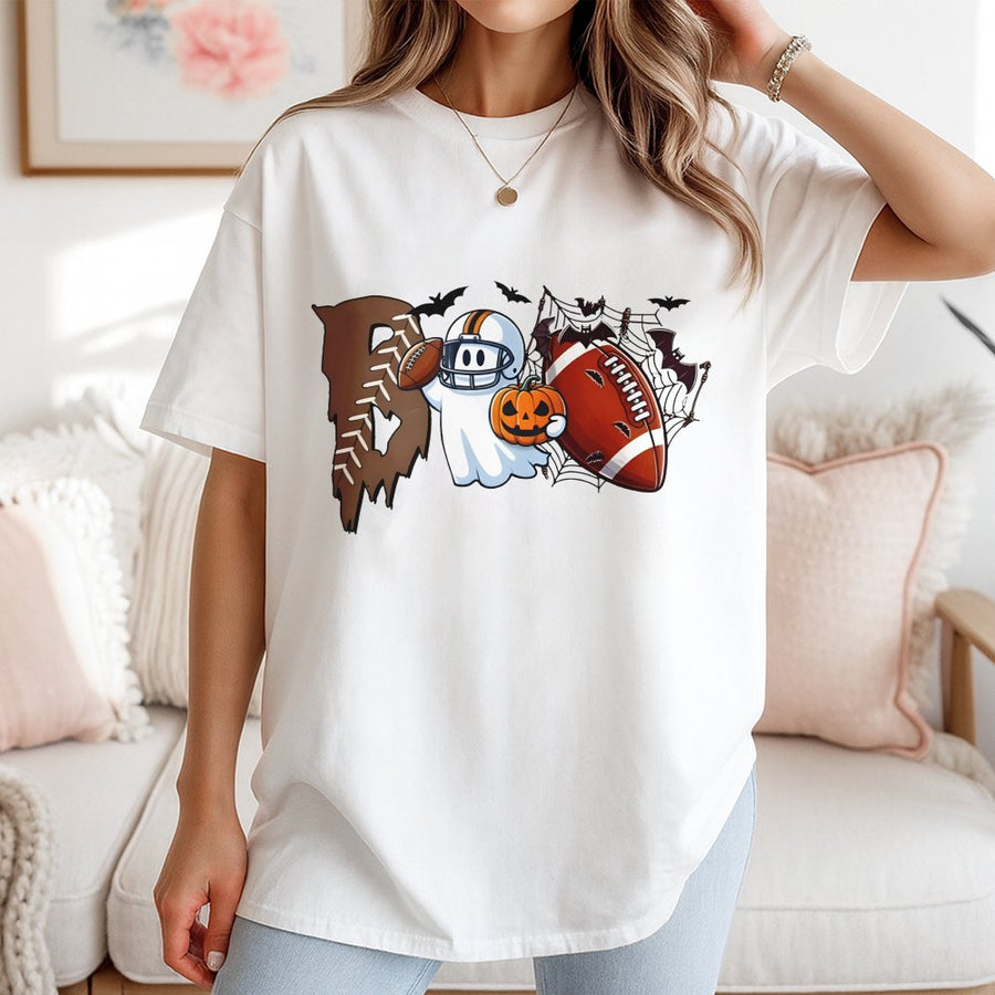 Boo Football Halloween T-Shirt | Cute Ghost Playing Sports Graphic | 100% Cotton Premium Tee | Game Day Gift for Football Moms & Fans