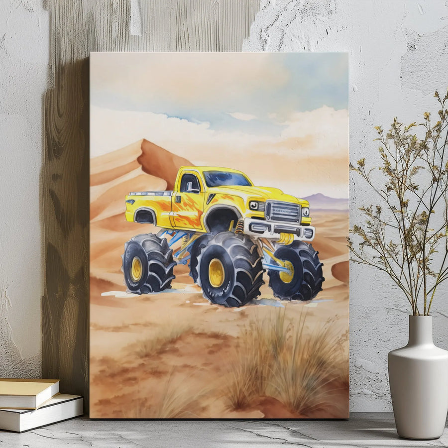 Yellow Monster Truck Canvas Art | Watercolor Desert Sand Dunes Print | 1.25-Inch Gallery Wrap | Boys Bedroom Decor & Car Enthusiast Gift