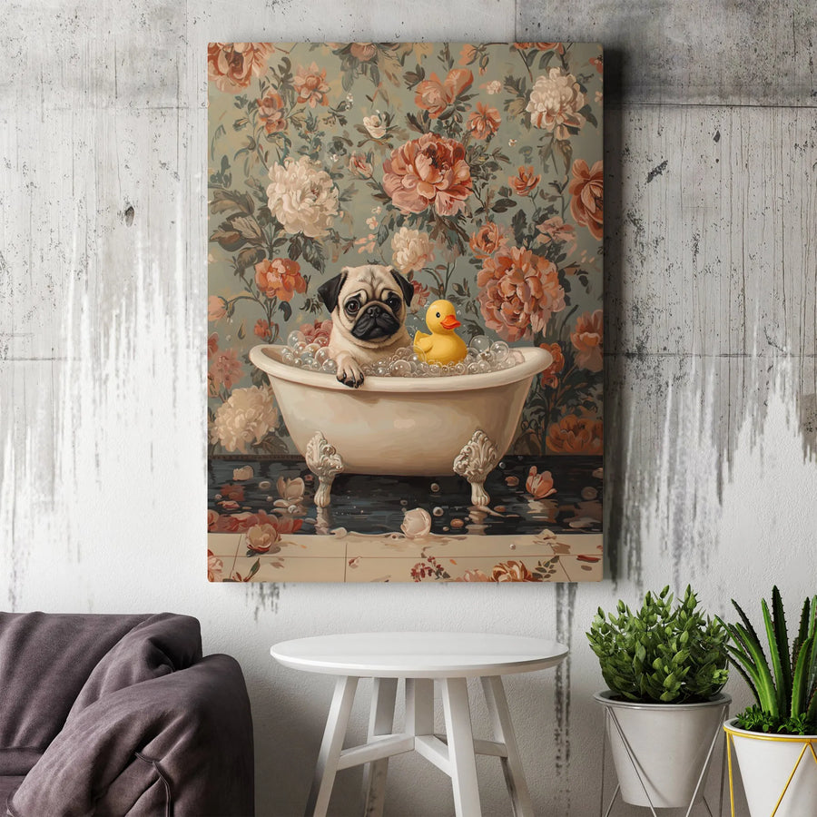 Pug Dog Bathing Canvas Print | Cute Puppy In Bathtub With Floral Art | Premium Fade-Resistant Wall Decor | Whimsical Animal Lover Gift