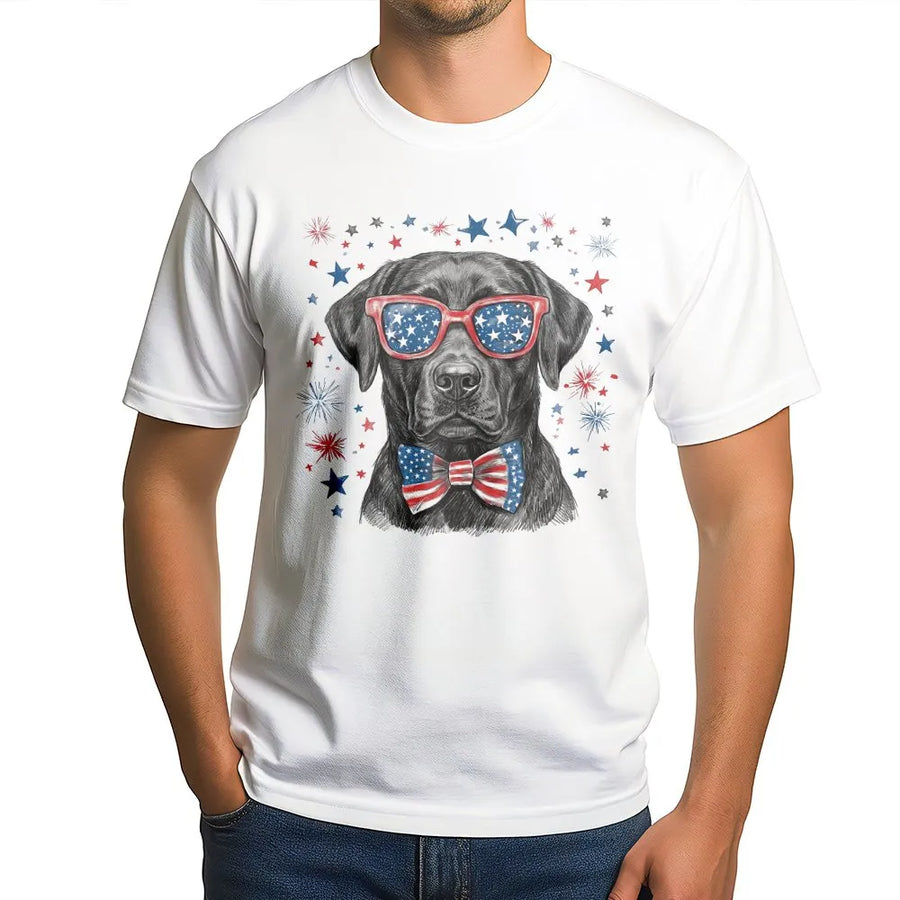 Patriotic Black Lab T-Shirt | Funny 4th of July Dog with USA Flag Glasses | Soft Cotton Blend Crewneck | America 250th Anniversary Gift for Dog Lover