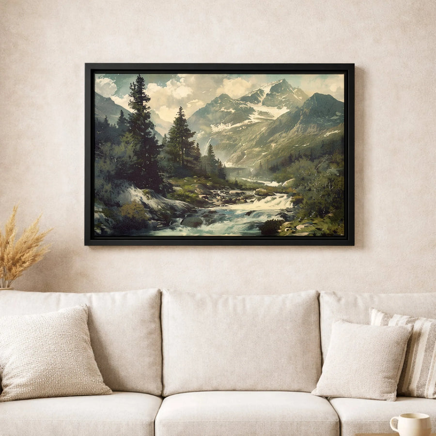 Mountain River Landscape Canvas Art | Vintage Scenery Wall Decor | Premium Fade-Resistant Print | Gallery-Wrapped Nature Gift for Living Room