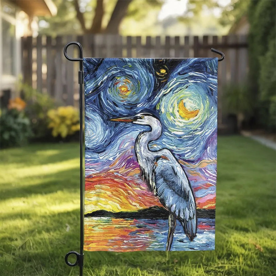 Great Blue Heron Garden Flag | Starry Night Impressionist Art Print | Weather-Resistant Polyester | Outdoor Yard Decor Gift for Bird Lovers