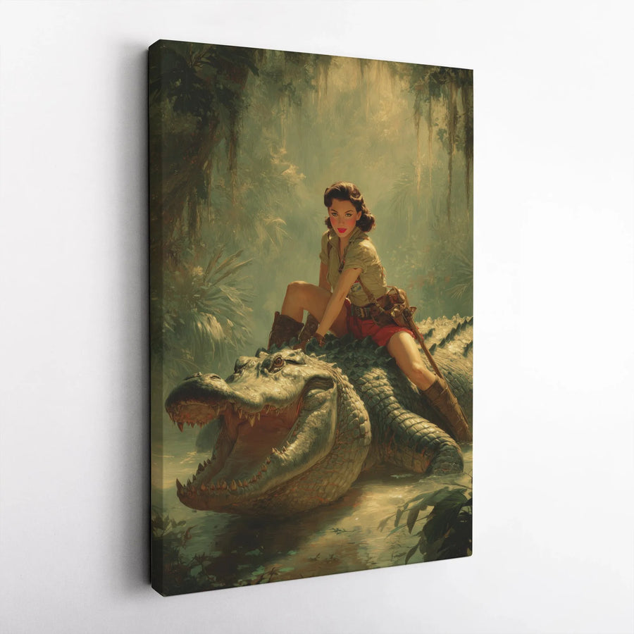 Jungle Pin-Up Girl Canvas Art | Vintage Explorer Riding Alligator Illustration | Premium 1.25" Gallery Wrap | Unique Office & Home Decor Gift