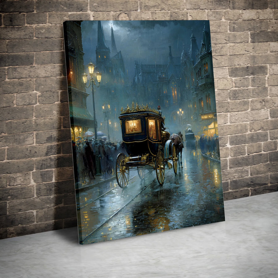 Victorian Rainy Night Canvas Art | Gothic Horse & Carriage Painting | Premium Thick Gallery Wrap Canvas | Dark Academia Moody Wall Decor Gift