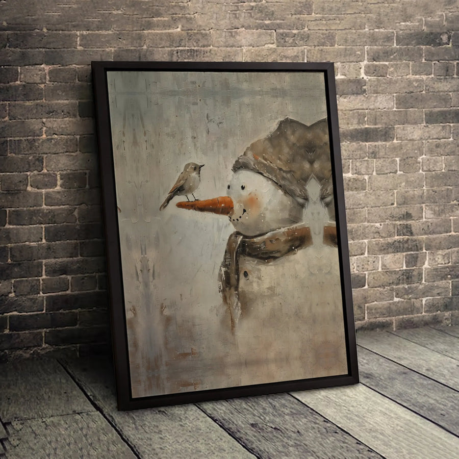 Rustic Snowman Canvas Wall Art | Winter Bird And Snowman Portrait | Premium Fade-Resistant Gallery Wrap | Seasonal Christmas Home Decor