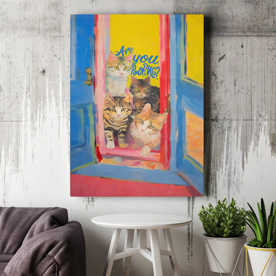 Are You Pooping? Cat Wall Art | Funny Bathroom Humor Canvas | Premium Gallery Wrapped Print | Cute Animal Decor Gift for Cat Lovers