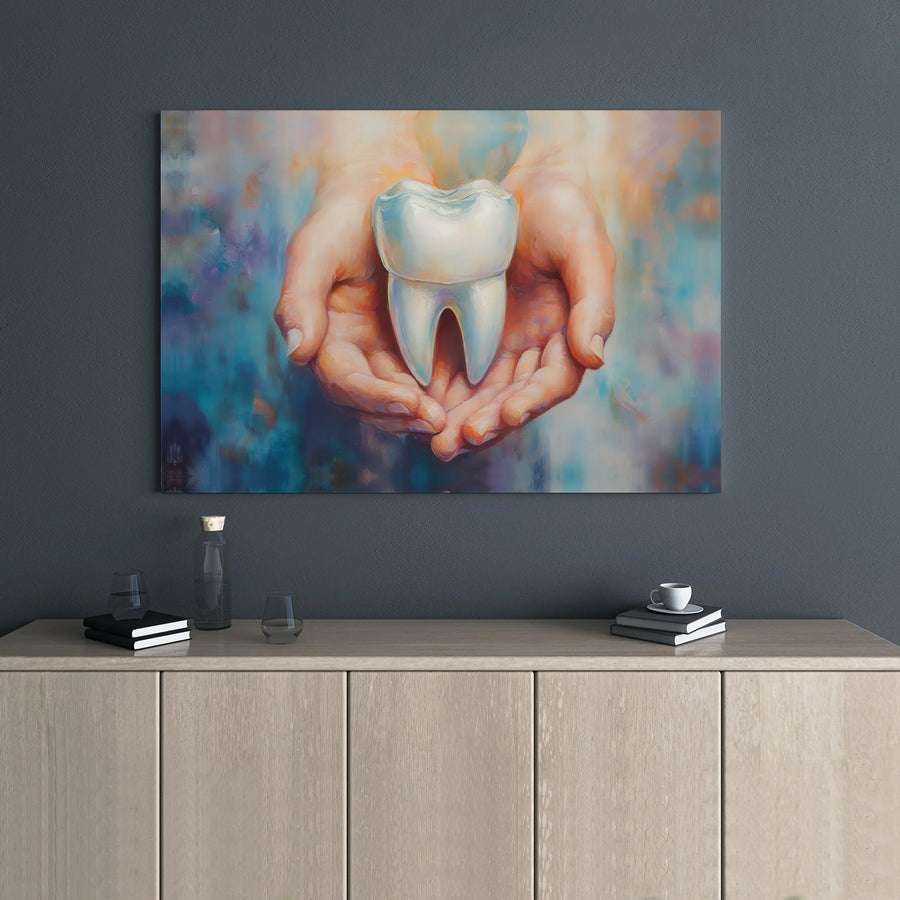 Dentist Office Wall Art | Hands Holding Molar Tooth Canvas Print | 1.25 Inch Gallery Wrap | Professional Dental Clinic Decor Gift