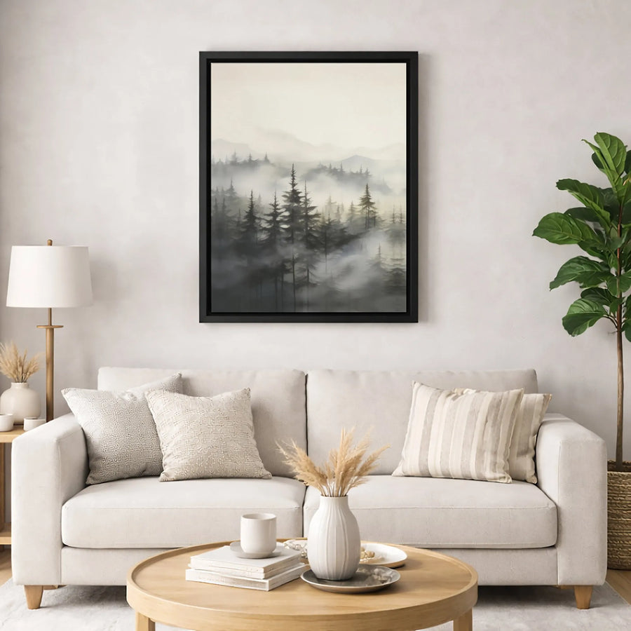 Foggy Pine Forest Canvas | Minimalist Mountain Landscape Wall Art | Gallery Quality Premium Print | Serene Nature Decor For Home Or Office