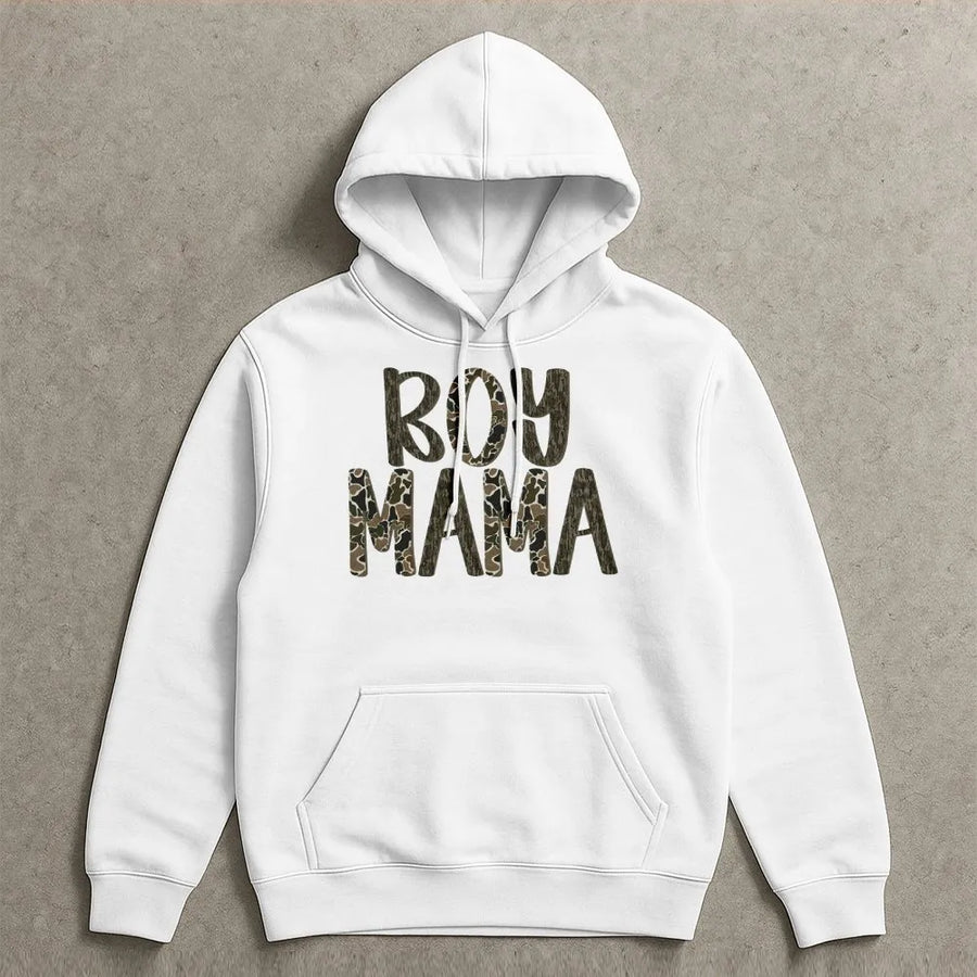 Boy Mama Camo Hoodie | Distressed Hunting & Bark Texture | Soft Cotton Graphic Tee | Gift for Outdoorsy Mom, Country Mama Apparel