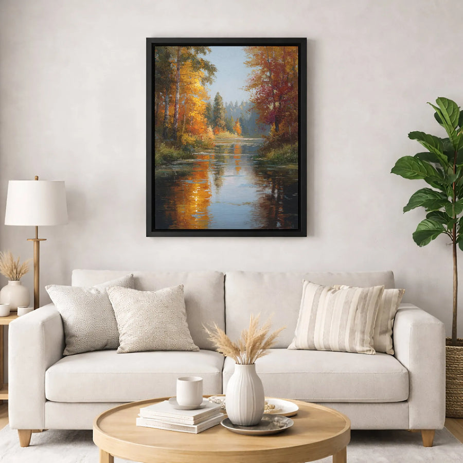 Autumn Forest River Canvas Print | Vibrant Fall Landscape Oil Painting | Premium Gallery Wrap Wall Art | Seasonal Nature Decor Gift