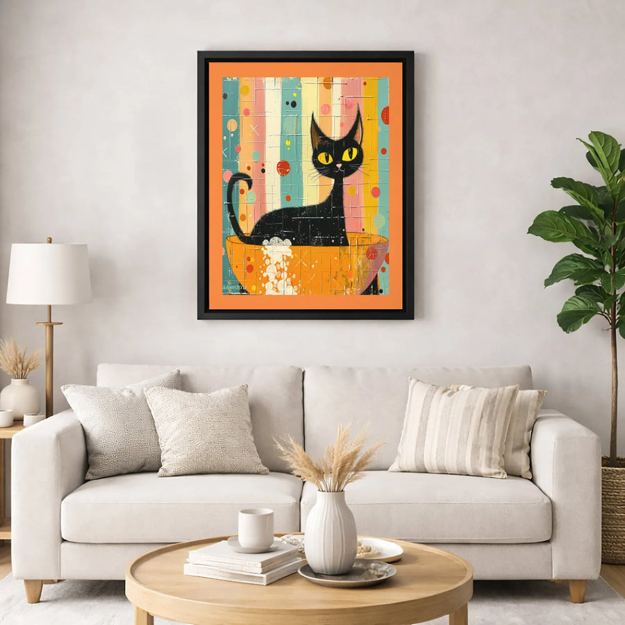 Whimsical Black Cat Wall Art | Mid Century Modern Bathing Cat Canvas | Gallery Wrap 1.25 Inch Profile | Cat Lover Gift Home Decor
