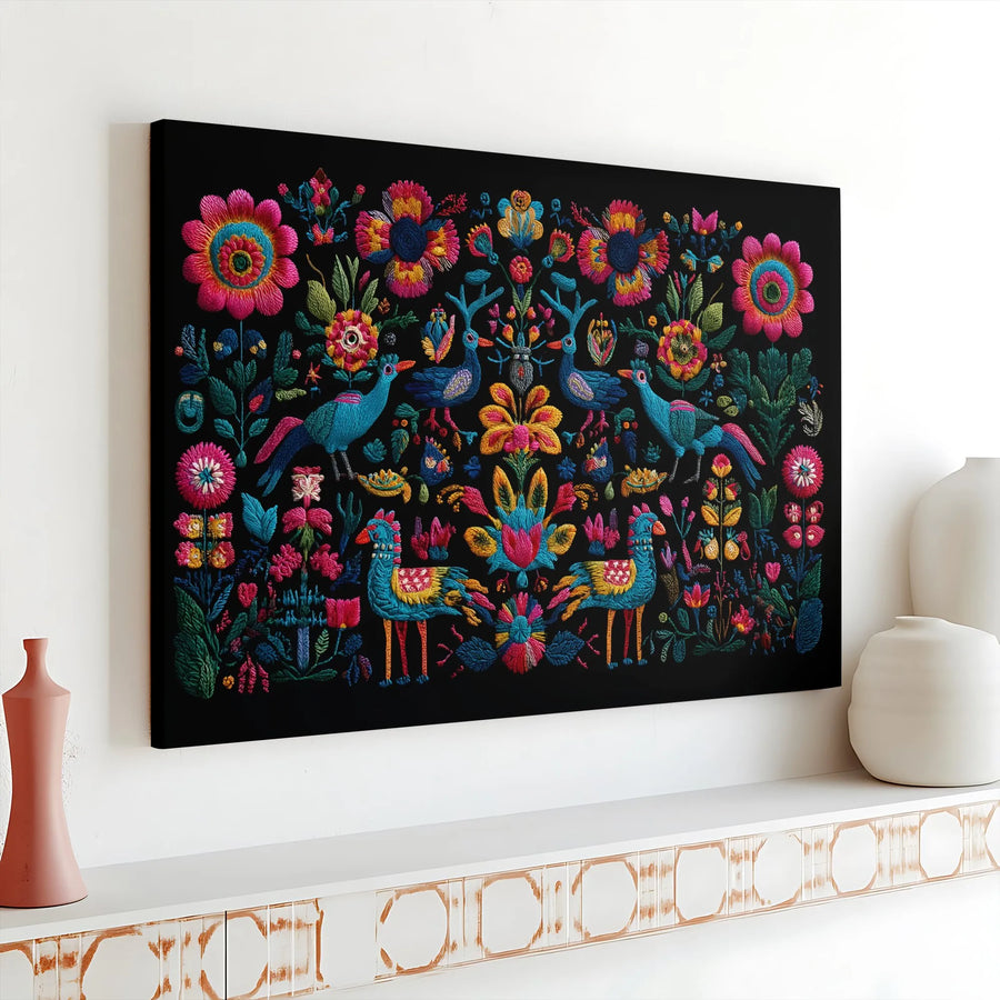 Mexican Folk Art Canvas Print | Vibrant Embroidery Style Birds & Flowers | Premium Gallery Wrapped Wall Art | Bohemian Home Decor Gift