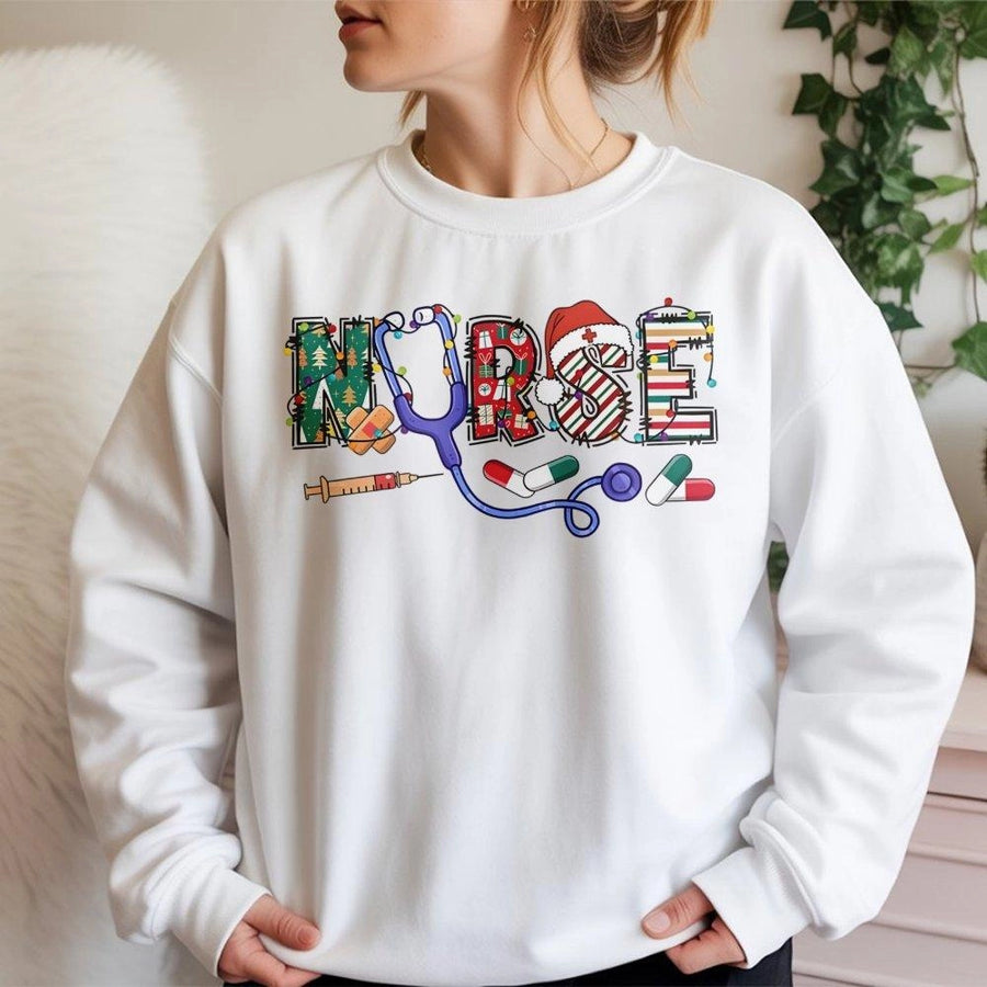 Nurse Christmas Sweatshirt | Festive Medical Stethoscope Design | Cotton Poly Blend | Holiday Gift For Nurses, Healthcare Professionals