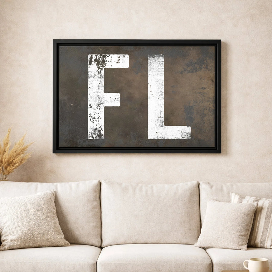 FL Florida Abbreviation Wall Art | Distressed Industrial Stencil Design | Premium Gallery-Wrap Canvas | Modern Home Office Decor Gift
