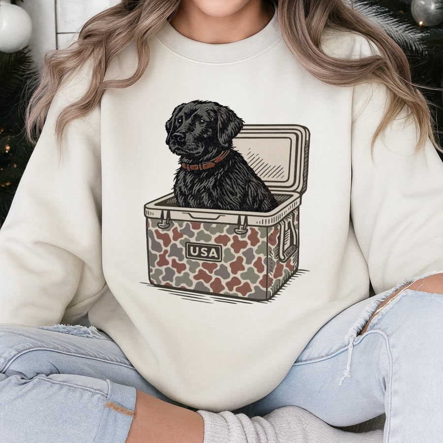 Black Labrador Dog Sweatshirt | Camo Cooler USA Graphic | Premium Cotton Blend | Gift for Hunting and Dog Lovers
