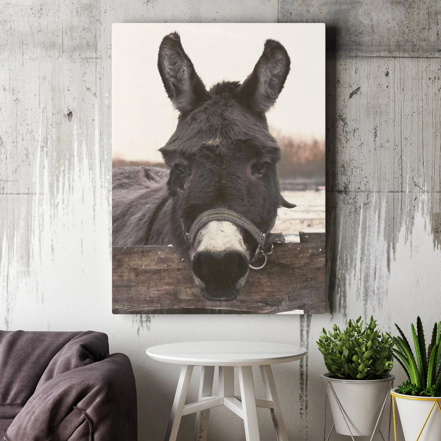 Donkey Portrait Wall Art | Rustic Farmhouse Animal Canvas Print | 1.25-Inch Premium Gallery Wrap | Farm Animal Decor Gift for Country Home Lovers