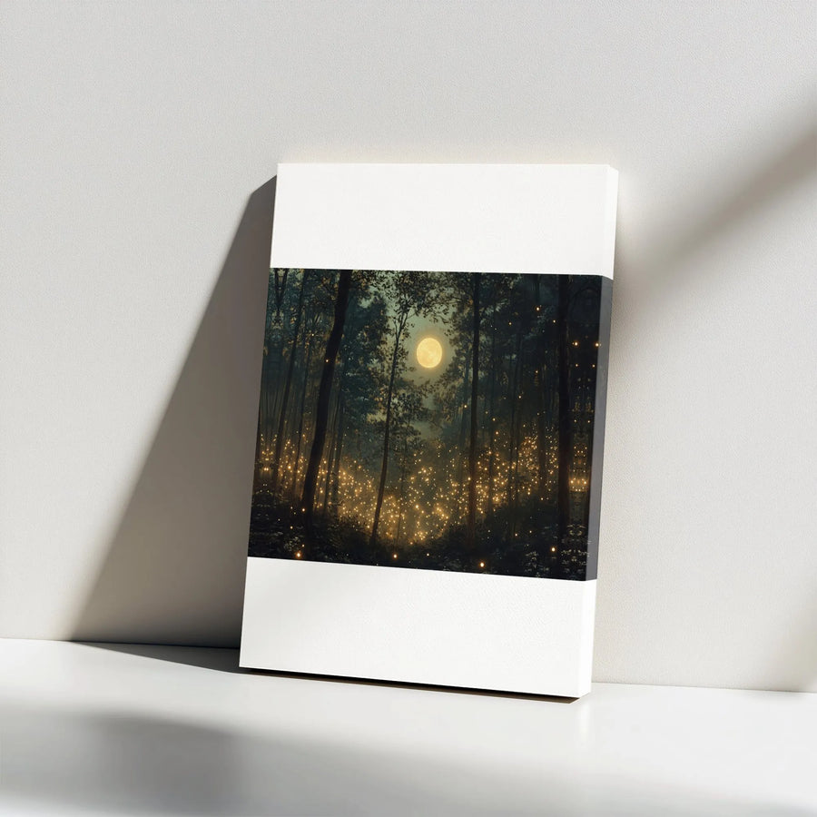 Enchanted Forest Canvas Wall Art | Glowing Fireflies and Full Moon | Gallery Wrapped Premium Print | Magical Nature Decor for Home and Office