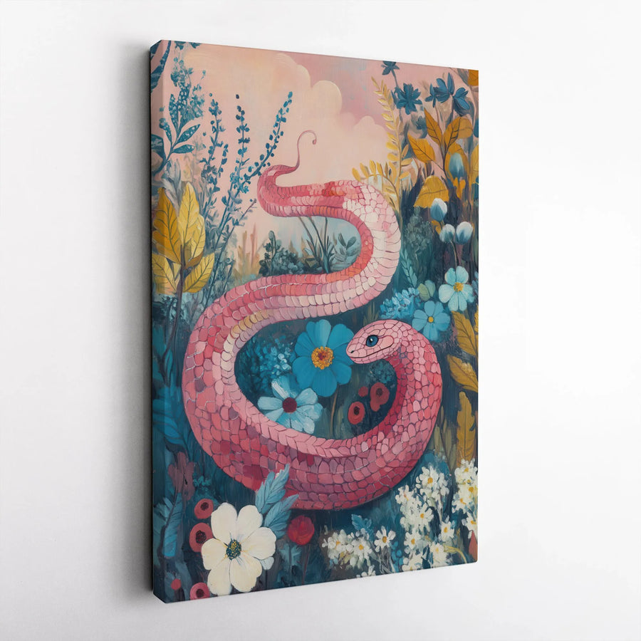 Pink Snake Wall Art | Whimsical Wildflower Garden Print | Gallery-Quality Canvas | Unique Nature Lover Home Decor Gift
