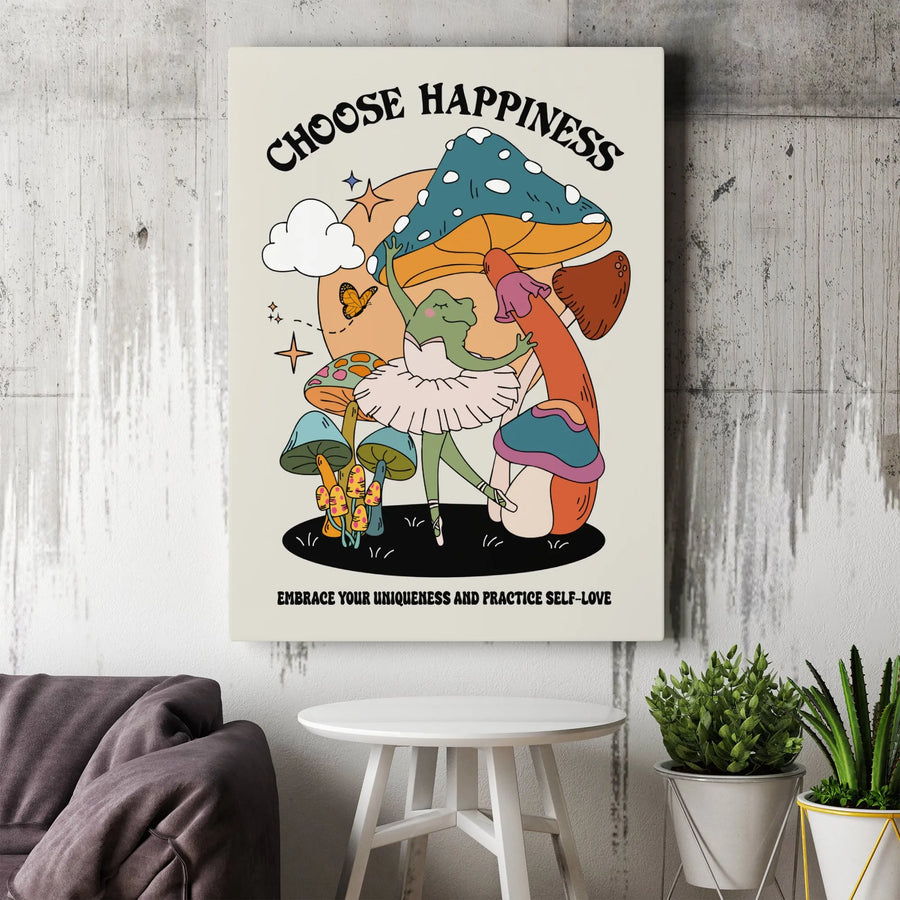 Choose Happiness Frog Mushroom Canvas | Retro Cottagecore Wall Art | Premium 1.25-Inch Gallery Wrap | Inspiring Aesthetic Decor Gift for Her
