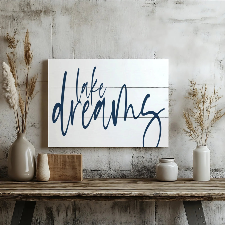 Lake Dreams Canvas Wall Art | Modern Farmhouse Cursive Script | Premium Gallery Quality Print | Gift for Lake House or Cabin Decor