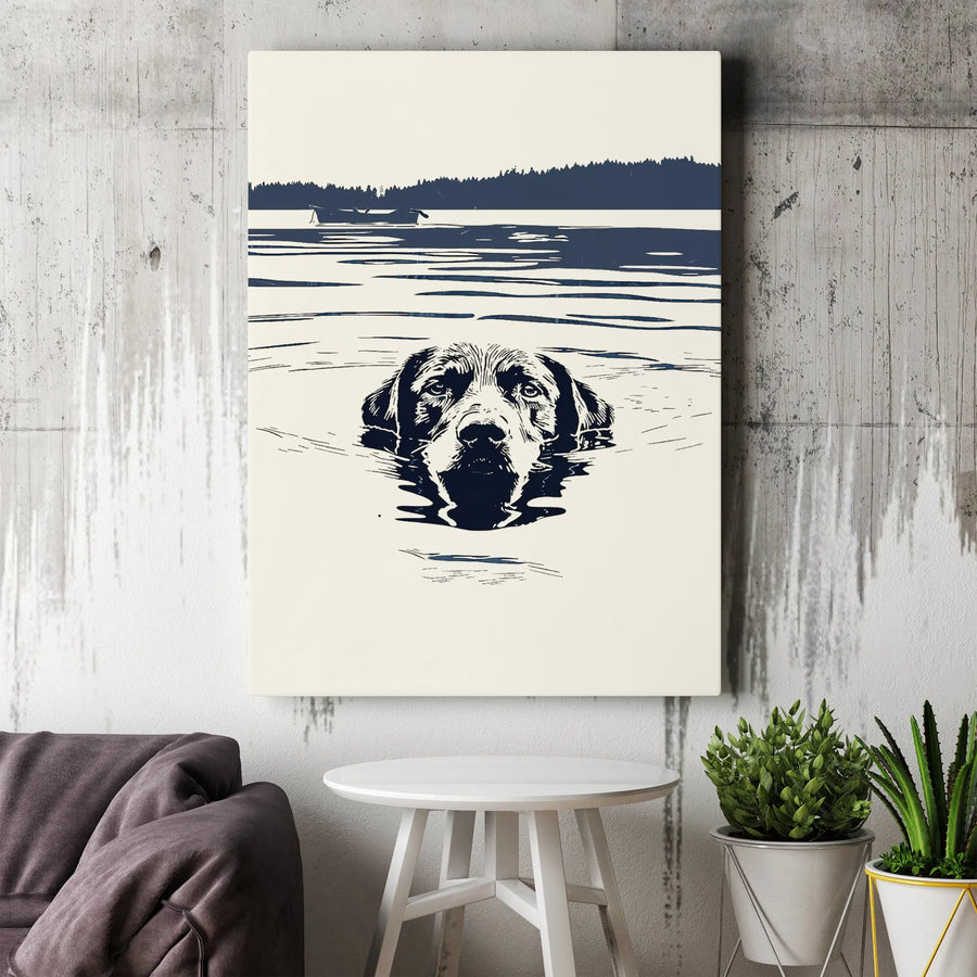 Labrador Retriever Wall Art | Minimalist Swimming Dog Lake Scene | Gallery Wrap Canvas Print | Premium Nature Lover Gift