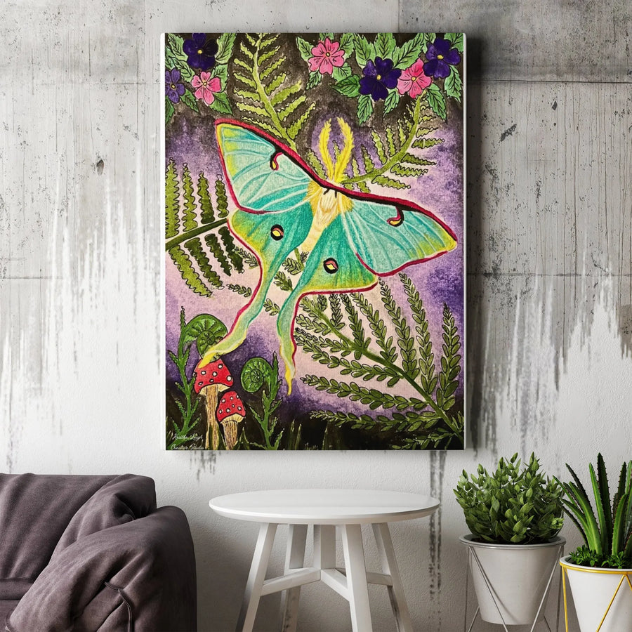 Luna Moth Canvas Wall Art | Whimsical Botanical Fern & Mushroom Print | Premium Gallery Wrapped Canvas | Cottagecore Decor Gift for Nature Lover