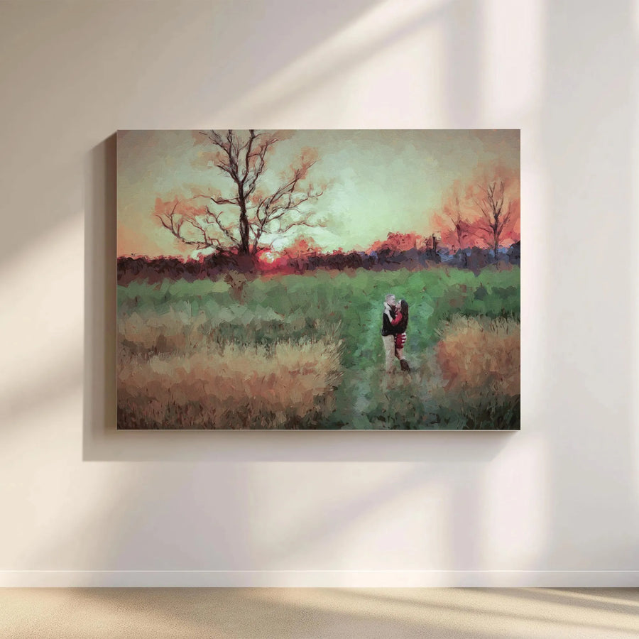 Romantic Couple Canvas Wall Art | Impressionist Sunset Field Painting | Premium Gallery Wrapped Decor | Anniversary Gift for Couples
