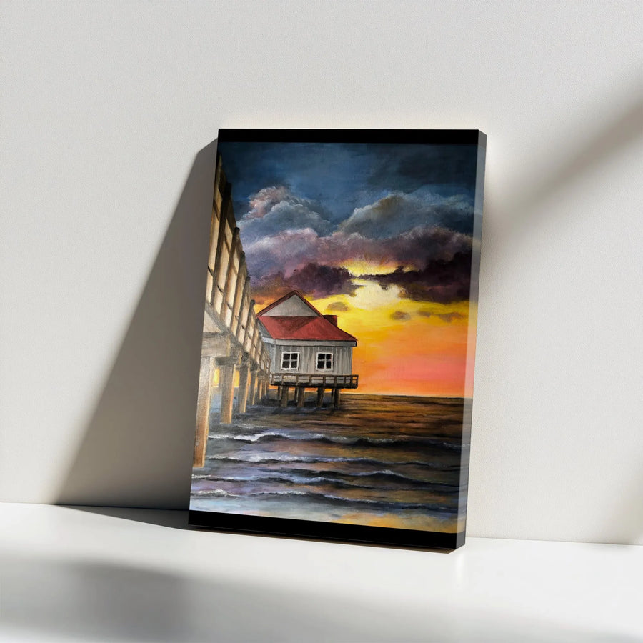 Ocean Pier Canvas Print | Dramatic Sunset Seascape Painting | Premium Gallery Wrapped Canvas | Coastal Living Room Decor