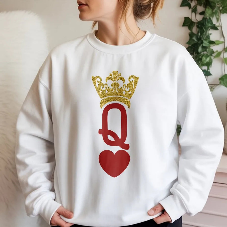 Queen of Hearts Sweatshirt | Playing Card Graphic with Gold Glitter Print | Soft Cotton Blend | Valentine's Day Gift for Her