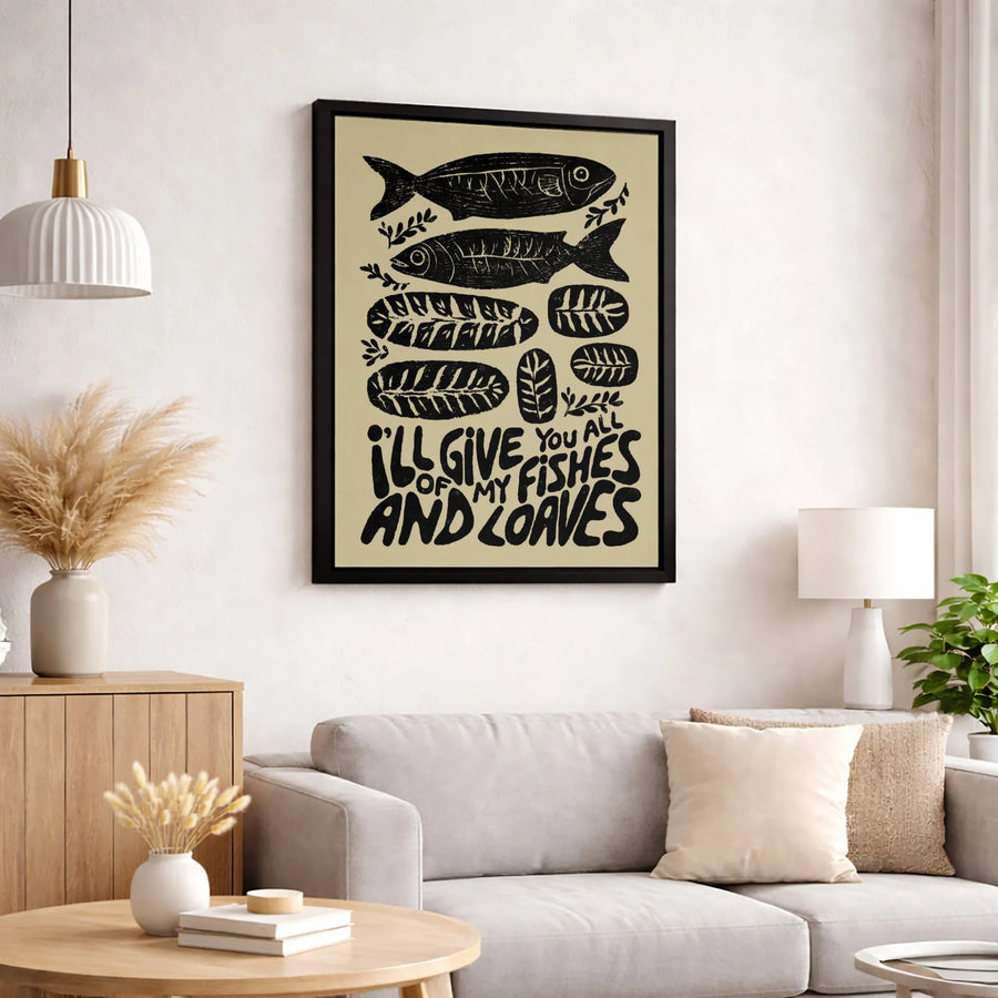 Fishes And Loaves Wall Art | Christian Home Decor Linocut Print | Premium Gallery Wrap Canvas | Religious Gift For Living Room
