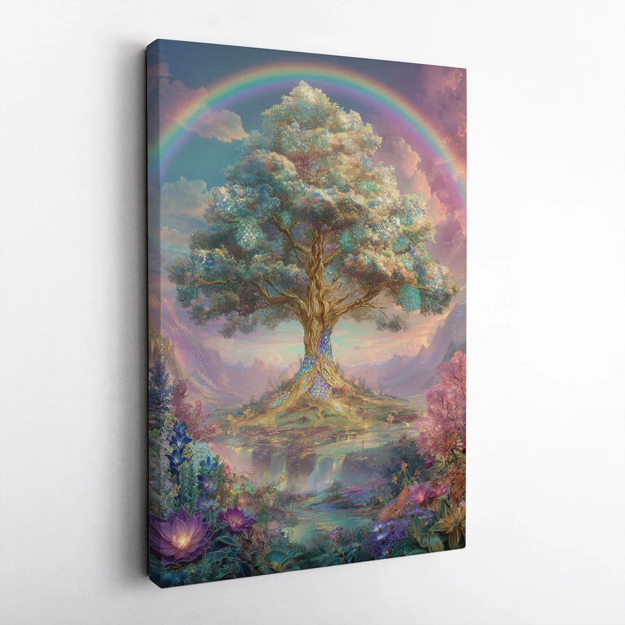 Tree of Life Canvas Wall Art | Enchanted Rainbow World Tree Print | Premium Gallery Wrapped | Spiritual Home Decor Gift