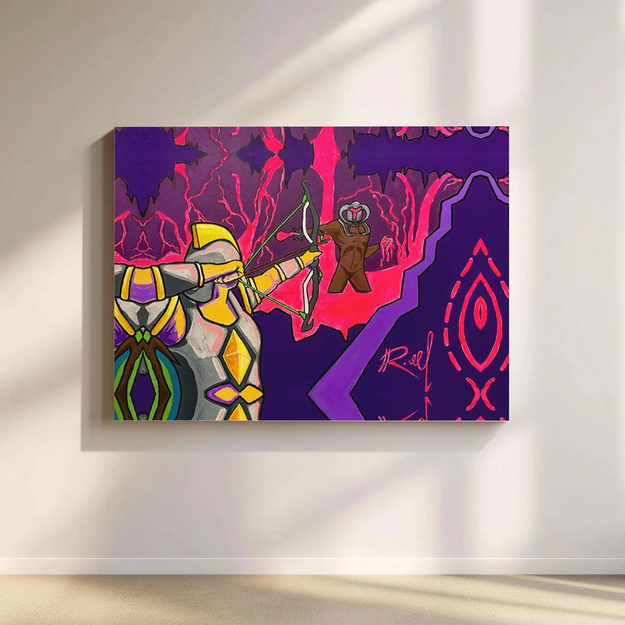 Fantasy Archer Canvas Art | Armored Warrior vs Monster Battle Scene | Premium Gallery Wrap Print | Epic Gamer Wall Decor for Living Room