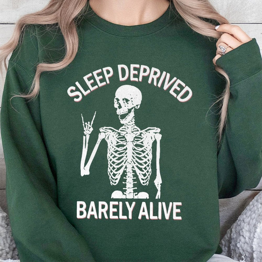 Sleep Deprived Barely Alive Sweatshirt | Funny Skeleton Graphic Pullover | Soft Cotton Blend Unisex Crewneck | Sarcastic Coffee Lover Gift