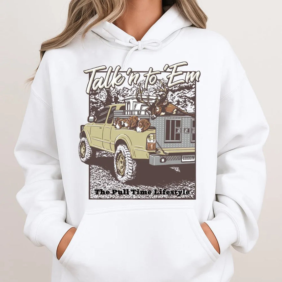 Talkin To Em Hunting Hoodie | Deer Truck Graphic Sweatshirt | Premium Cotton Blend | Gift For Hunter Outdoorsman