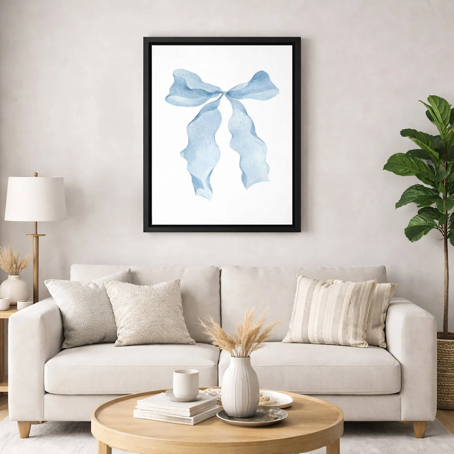 Watercolor Blue Ribbon Bow Canvas | Minimalist Ribbon Wall Art | Premium Fade-Resistant Print | Aesthetic Home Decor For Nursery Or Bedroom