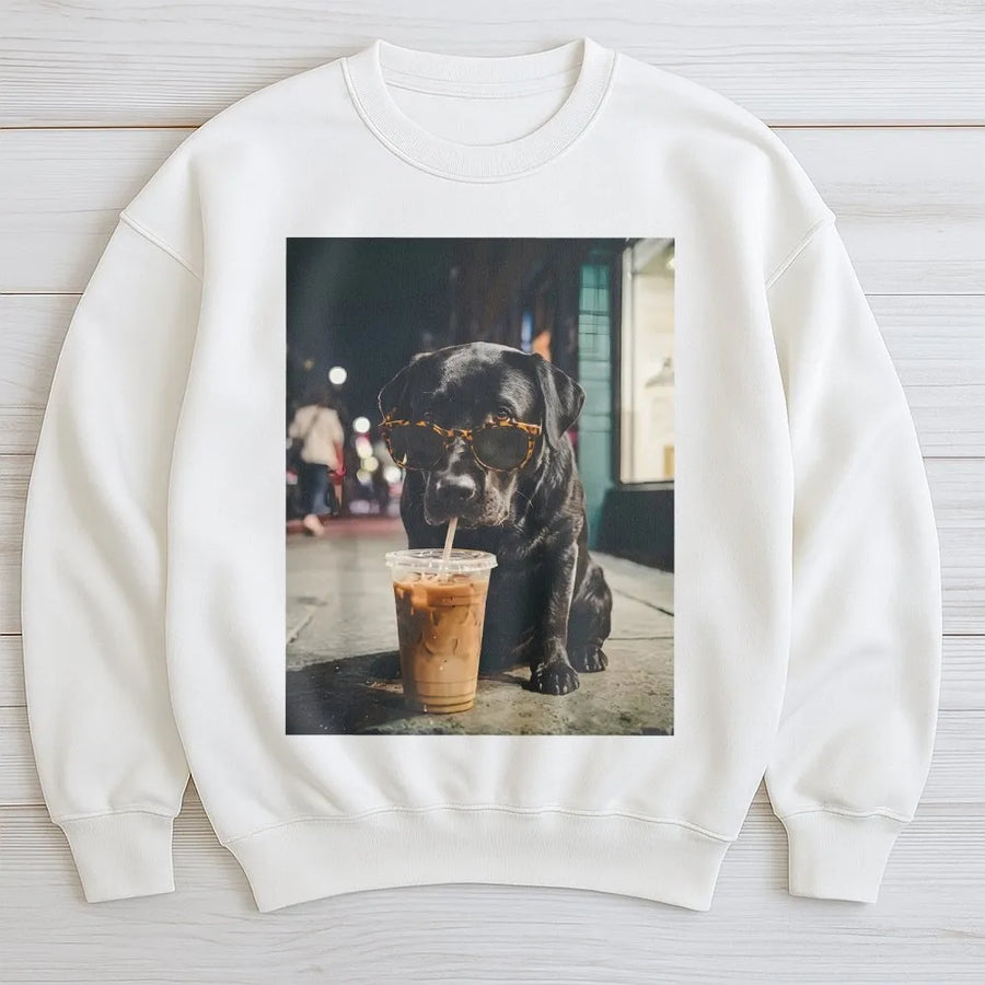 Cool Dog with Iced Coffee Sweatshirt | Funny Black Lab with Sunglasses Graphic | Premium Cotton Blend Sweatshirt | Gift for Dog Lover