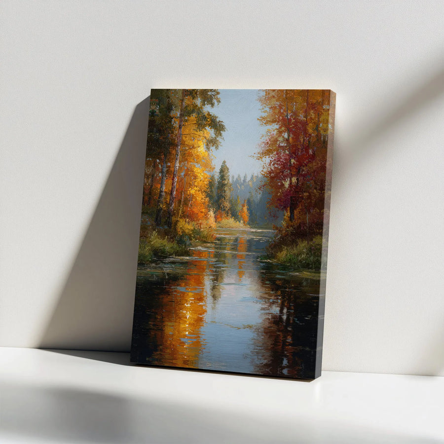 Autumn Forest Canvas Print | Impressionist River Landscape Painting | Premium Gallery Wrapped Art | Rustic Home Decor Gift