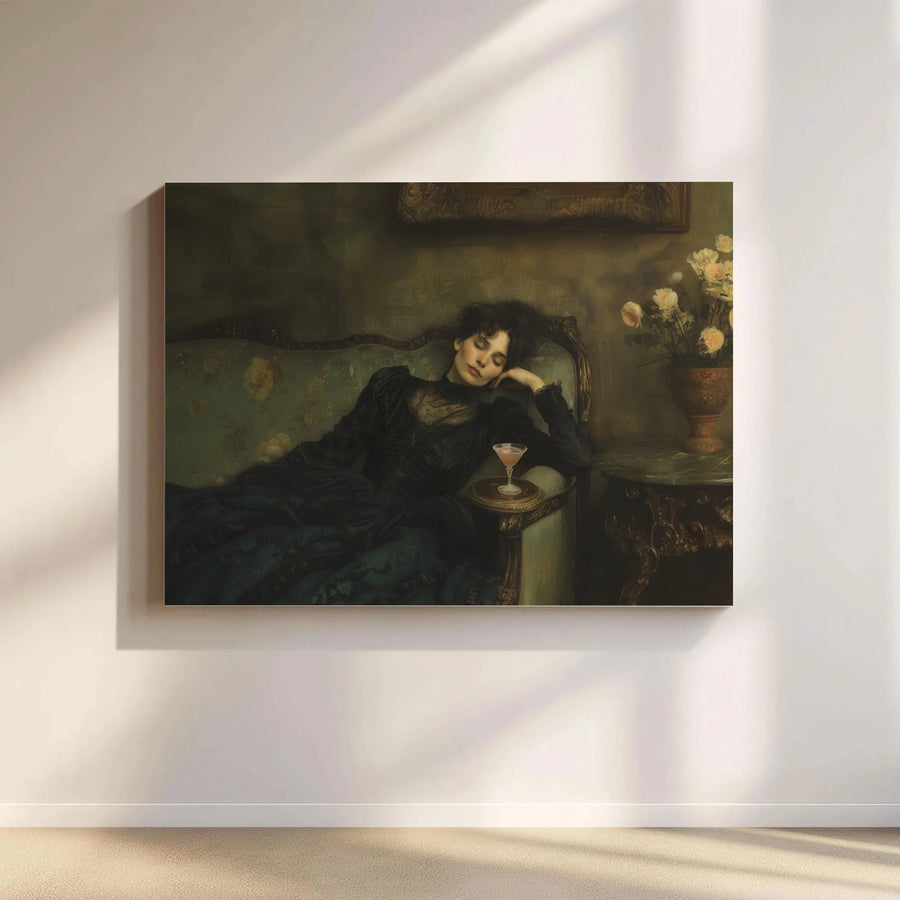 Moody Victorian Portrait Canvas Wall Art | Sleeping Woman with Cocktail Oil Painting Style | 1.25 Inch Gallery Wrap | Elegant Dark Academia Home Decor