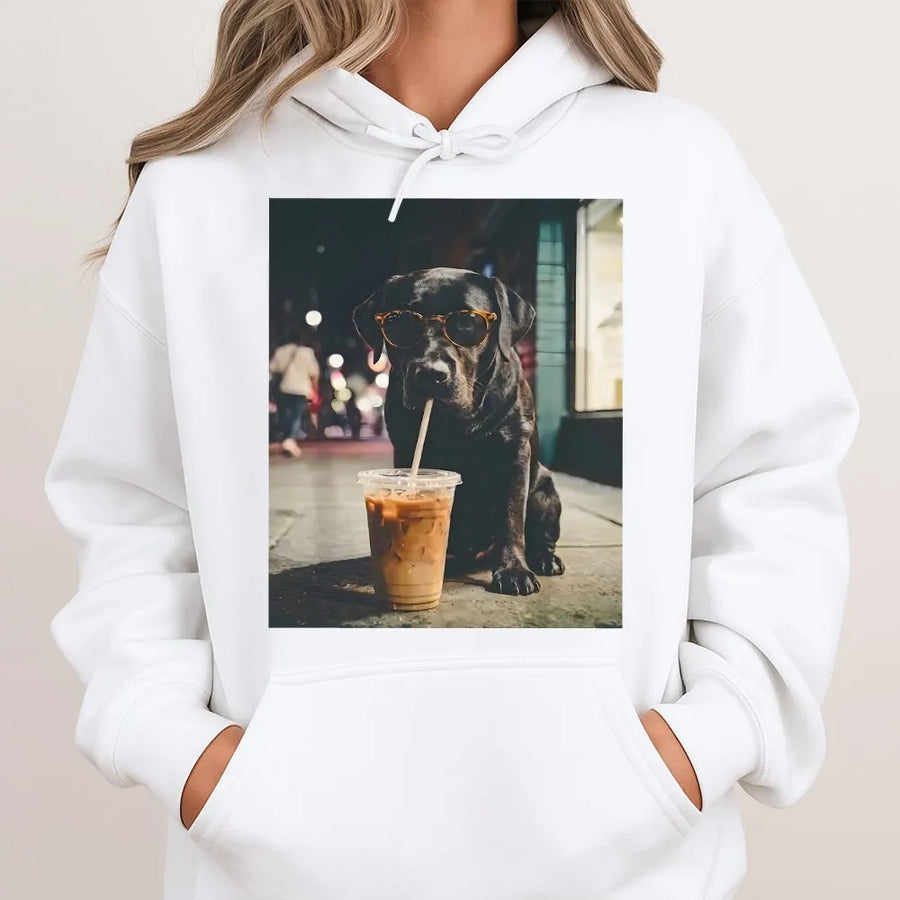 Cool Dog with Sunglasses Hoodie | Funny Labrador Drinking Iced Coffee | Premium Soft Cotton | Unisex Gift for Dog Lovers & Coffee Addicts