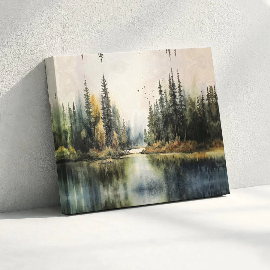 Watercolor Forest Lake Canvas Print | Mist Covered Pine Trees Landscape | 1.25 Inch Premium Gallery Wrap | Serene Nature Wall Art for Home Office