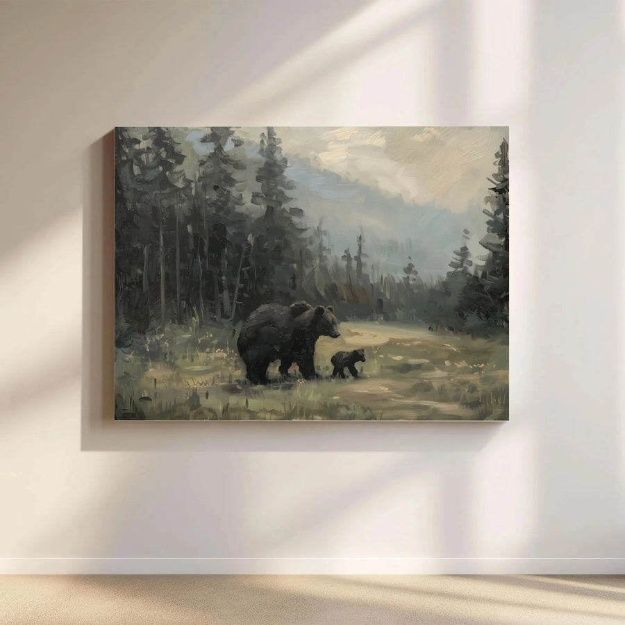 Mother Bear and Cub Wall Art | Forest Wildlife Oil Painting Style | Premium Gallery Wrap Canvas | Rustic Nature Home Decor Gift