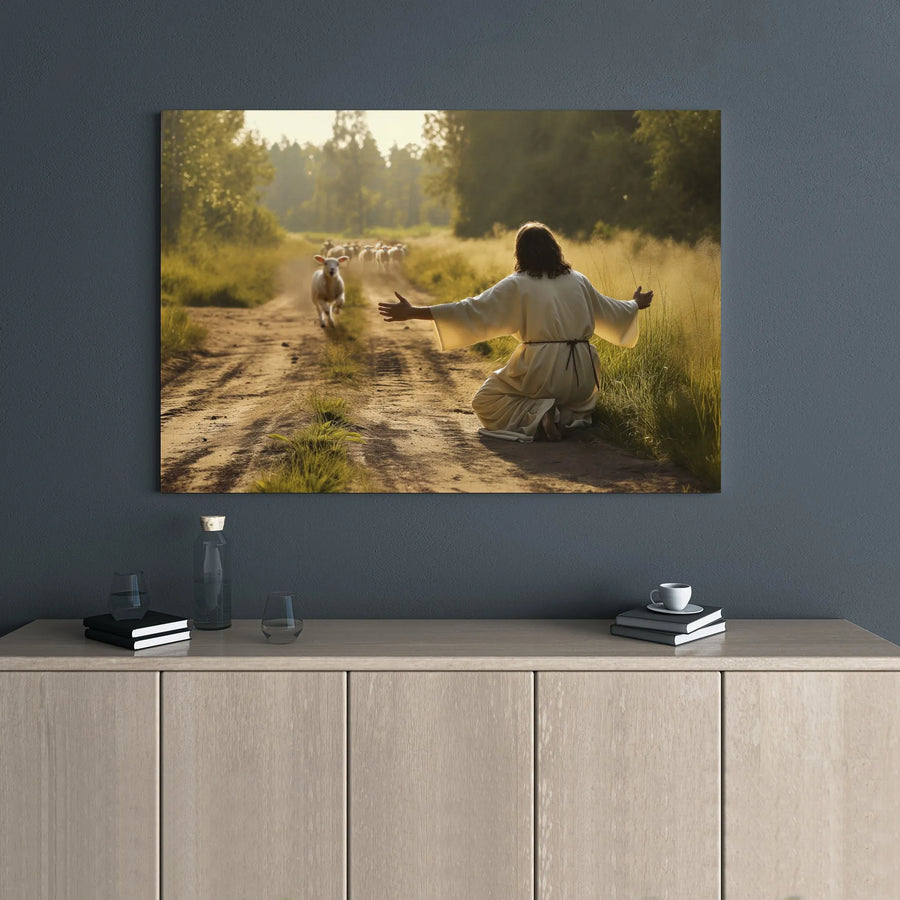 Jesus The Good Shepherd Canvas Art | Welcoming Lost Lamb Scene | Premium Gallery-Wrapped Print | Inspirational Christian Home Decor Gift