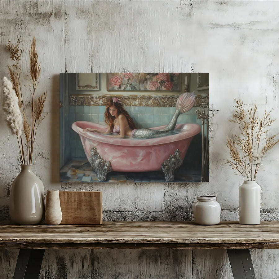 Mermaid in Bathtub Wall Art | Romantic Pink Clawfoot Bath Canvas Print | Premium Gallery Wrap Decor | Whimsical Bathroom Gift for Her
