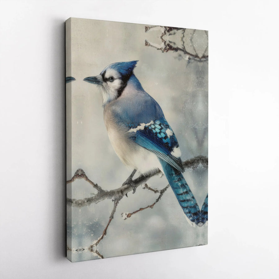 Blue Jay Canvas Wall Art | Vintage Winter Bird Painting on Snowy Branch | Premium Fade-Resistant Print | Nature Lover Collector's Gift